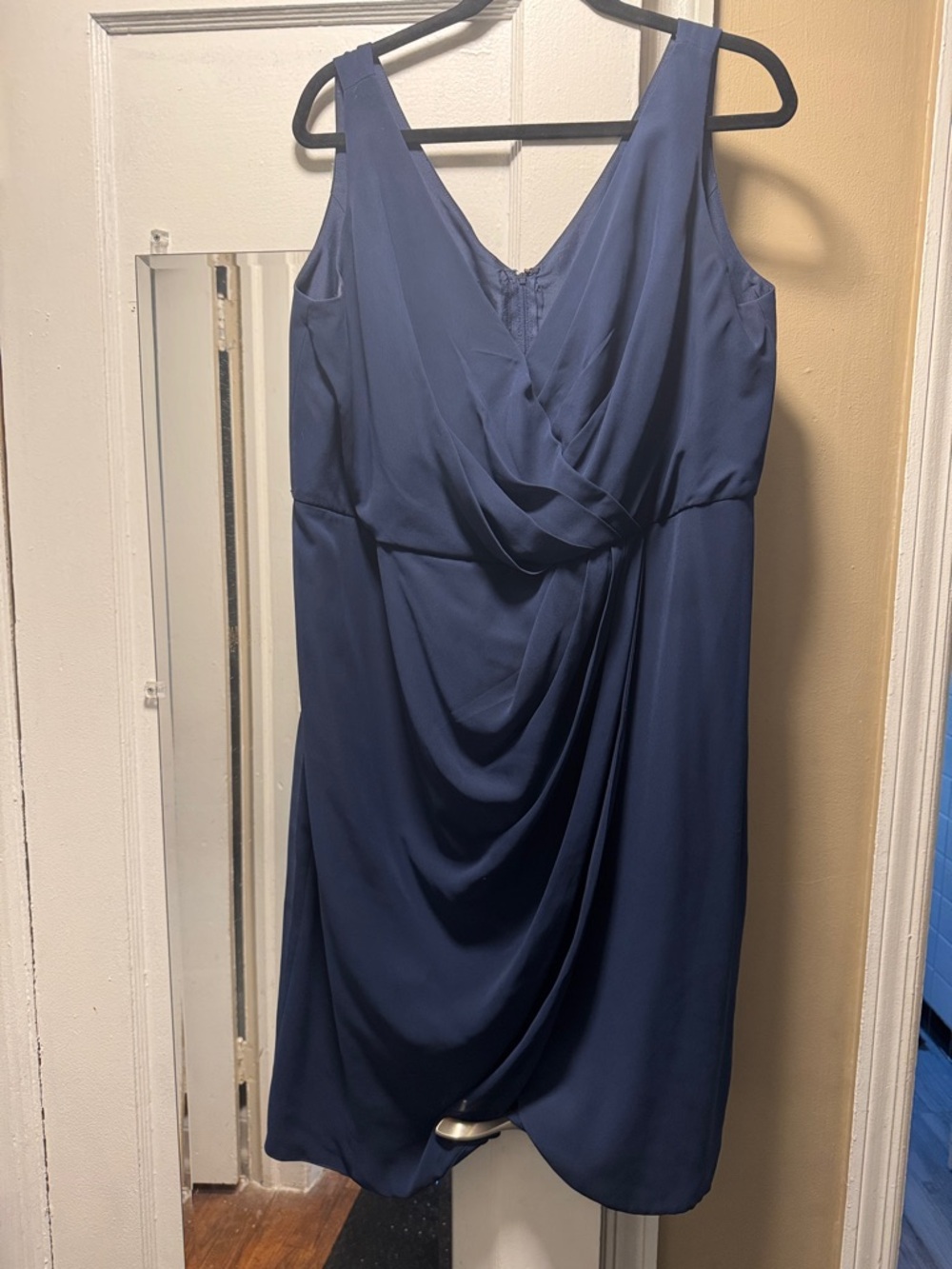 David's Bridal Navy Sleeveless Draped Midi Dress